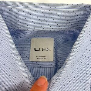 Paul Smith Mens Blue Striped Micro Dot Dress Shirt Made in Italy Cotton Size 16